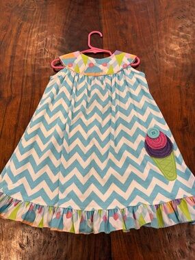 Girls Blue Chevron Ice Cream Appliqué Casual Dress